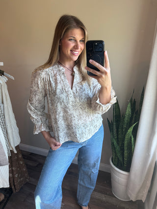 Danielle Floral Linen Top, Natural