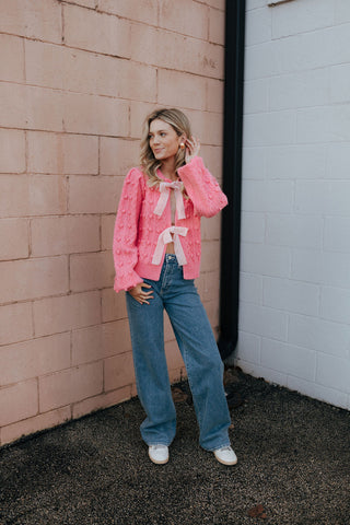 Velvet Bow Cardigan, Pink