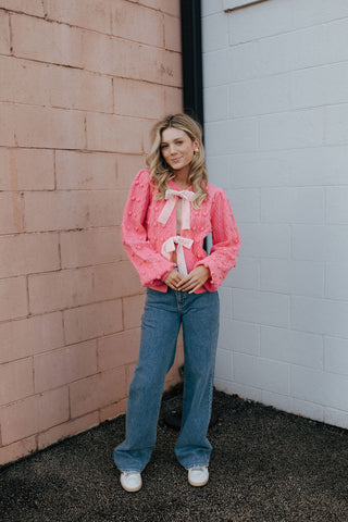 Velvet Bow Cardigan, Pink