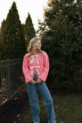 Velvet Bow Cardigan, Pink