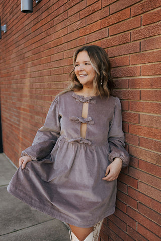 Cord Bow Tie Dress, Mauve *final sale*