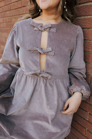 Cord Bow Tie Dress, Mauve *final sale*