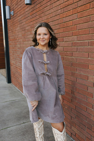 Cord Bow Tie Dress, Mauve *final sale*