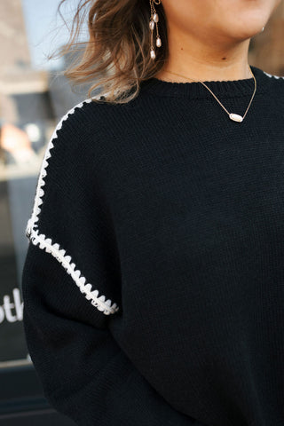 Contrast Stitch Sweater, Black/Cream