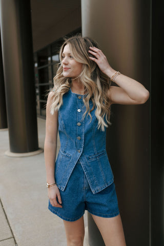 Pleated Denim Shorts