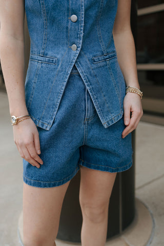 Pleated Denim Shorts