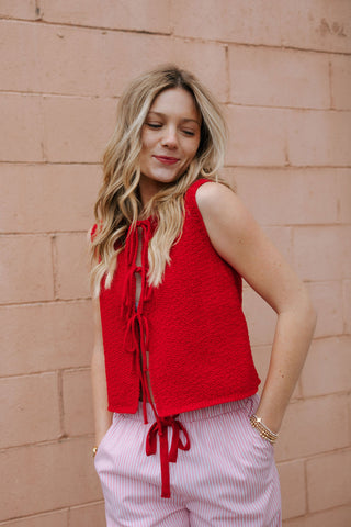 Tie Front Sleeveless Cardigan, Red