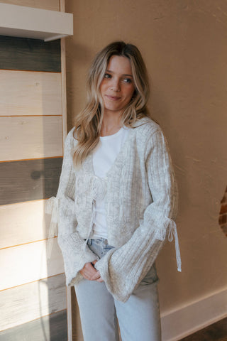 Lace Tie Front Cardigan, Gray