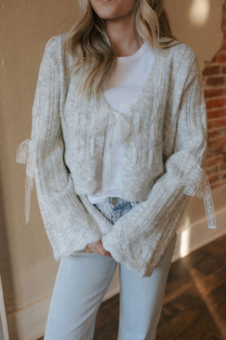 Lace Tie Front Cardigan, Gray