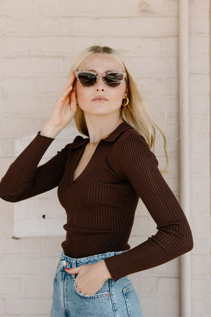 Ribbed Collared Top, Brown