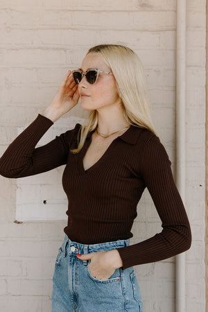 Ribbed Collared Top, Brown