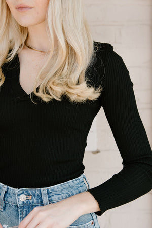 Ribbed Collared Top, Black