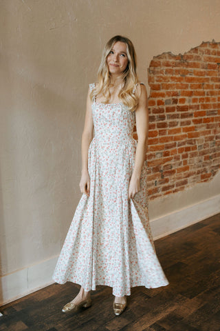 Gathered Neck Detail Midi Dress, Pink Floral