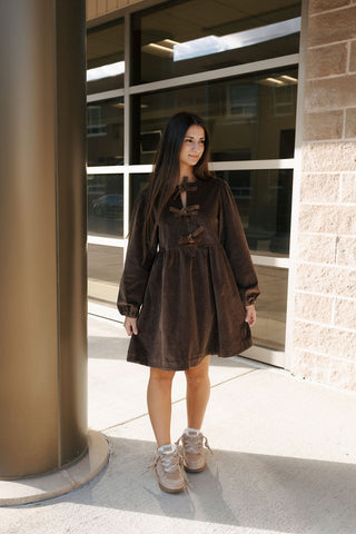 Cord Bow Tie Dress, Brown *final sale*