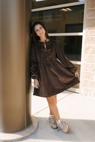 Cord Bow Tie Dress, Brown *final sale*