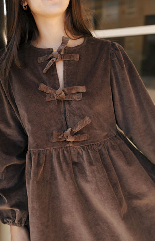 Cord Bow Tie Dress, Brown *final sale*