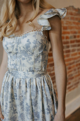 Satin Floral Corset Dress, Blue