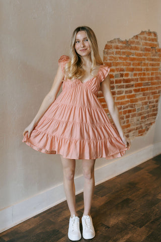 V Neck Babydoll Dress, Coral