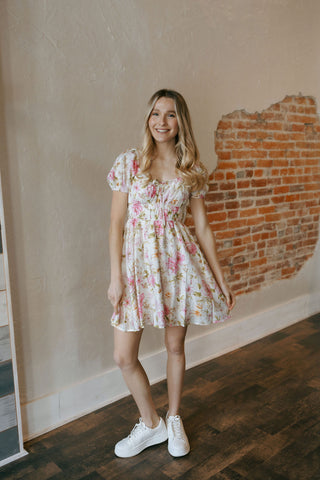 Shirred Floral Mini Dress, Pink