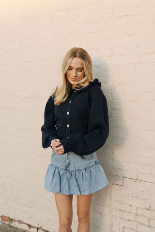 Ruffled Collar Cardi, Navy