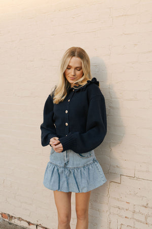 Ruffled Collar Cardi, Navy