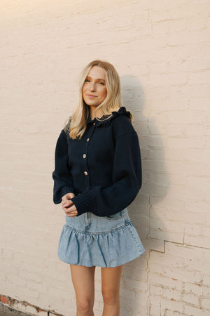 Ruffled Collar Cardi, Navy