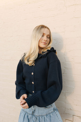 Ruffled Collar Cardi, Navy