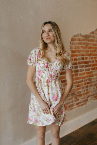 Shirred Floral Mini Dress, Pink