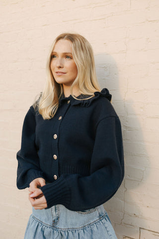 Ruffled Collar Cardi, Navy