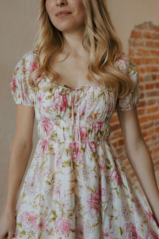 Shirred Floral Mini Dress, Pink