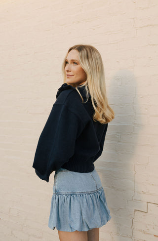 Ruffled Collar Cardi, Navy