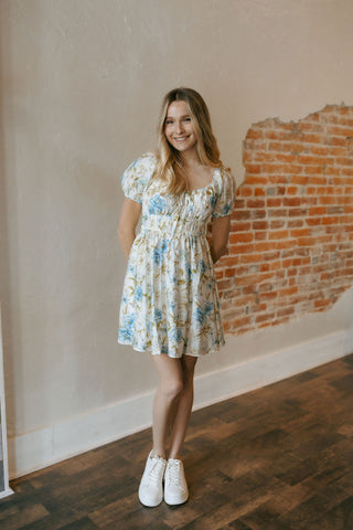 Shirred Floral Mini Dress, Blue