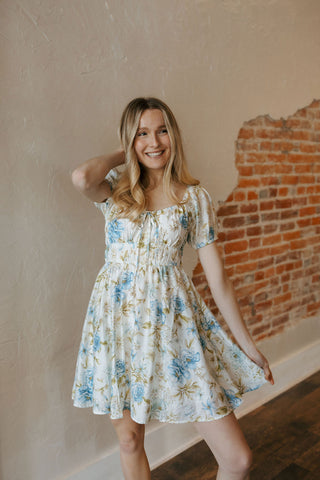 Shirred Floral Mini Dress, Blue