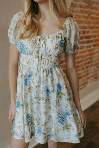 Shirred Floral Mini Dress, Blue