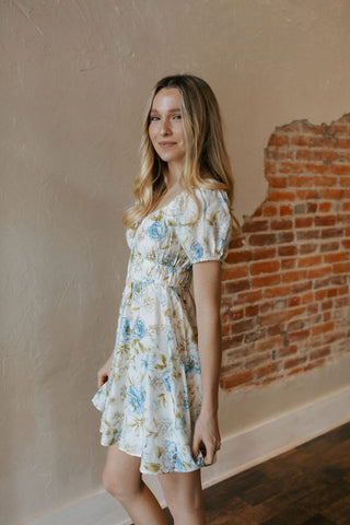 Shirred Floral Mini Dress, Blue