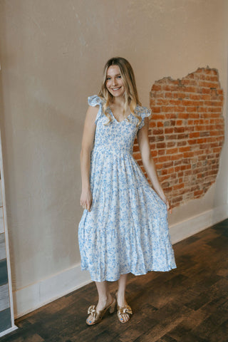 Floral V Neck Midi Dress, Blue