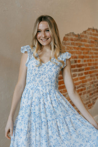 Floral V Neck Midi Dress, Blue