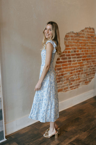 Floral V Neck Midi Dress, Blue