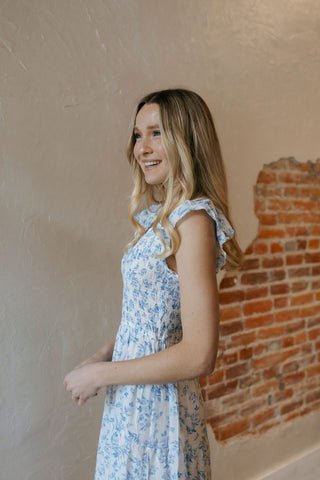 Floral V Neck Midi Dress, Blue