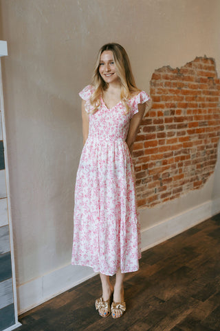 Floral V Neck Midi Dress, Pink