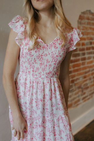 Floral V Neck Midi Dress, Pink