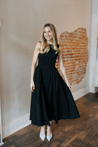 Poplin Sleeveless Midi Dress, Black