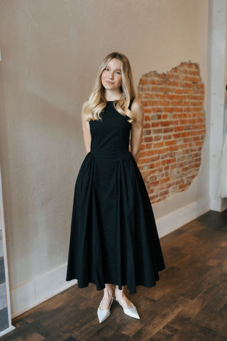 Poplin Sleeveless Midi Dress, Black