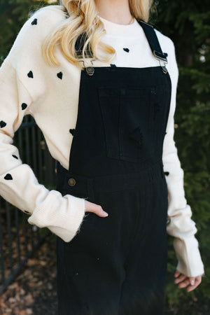 Wide Leg Denim Overalls, Black