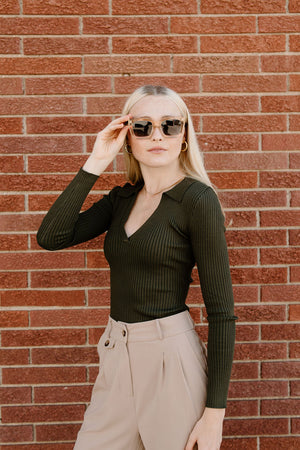 Ribbed Collared Top, Olive