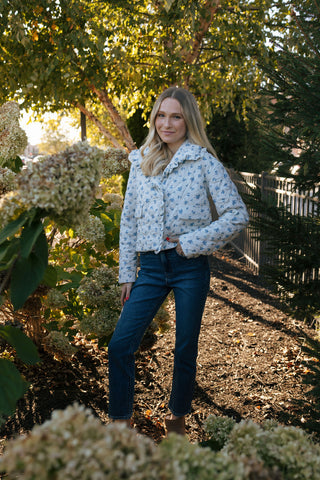 Ruffle Floral Jacket, Ivory/Blue