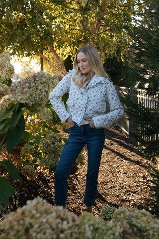 Ruffle Floral Jacket, Ivory/Blue