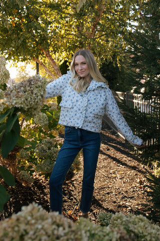 Ruffle Floral Jacket, Ivory/Blue