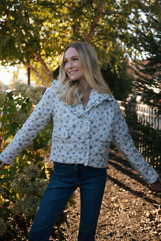 Ruffle Floral Jacket, Ivory/Blue