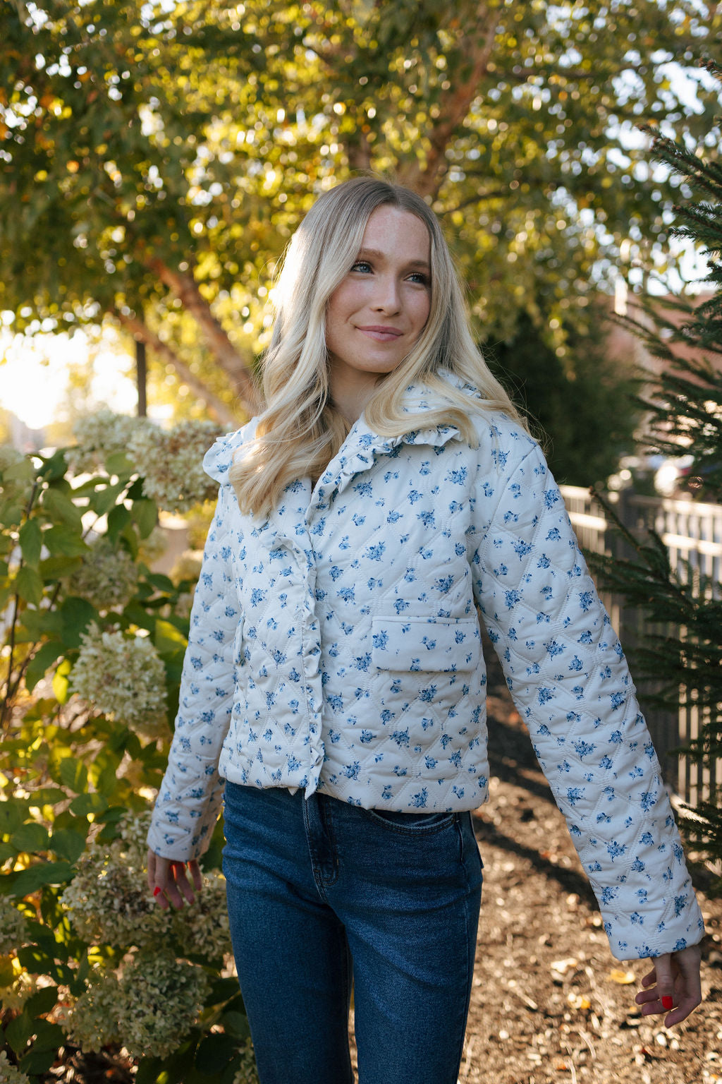 Ruffle Floral Jacket, Ivory/Blue